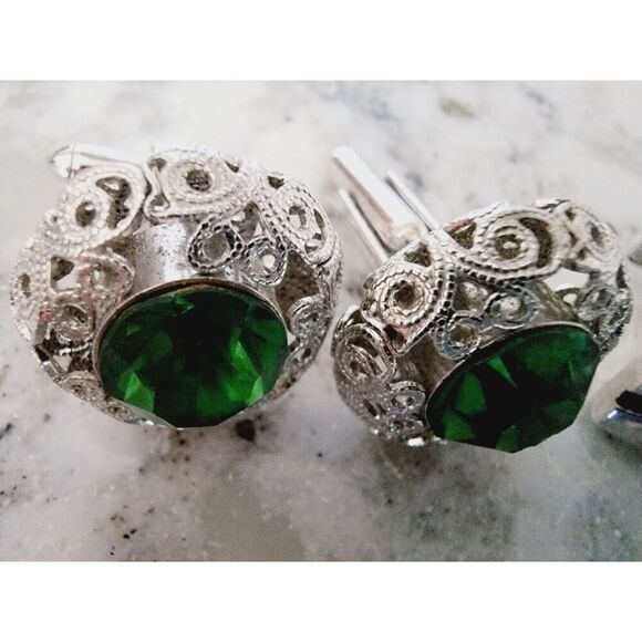 Cuff Links Lot Of 4 Bowling Pins Faux Emerald Etc Vintage Gold & Silver Tone - Picture 6 of 9